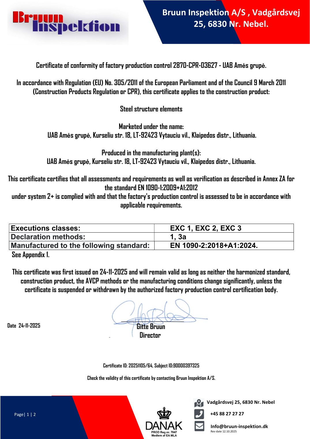 EN 1090 certificate of conformity of factory production control 2870-CPR-03627